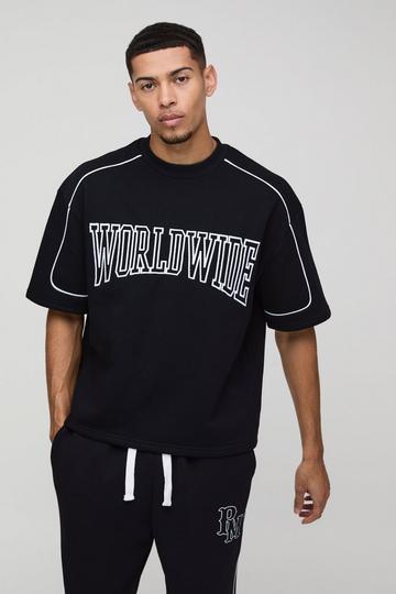 Black Oversized Boxy Embroidered Varsity Half Sleeve Sweatshirt