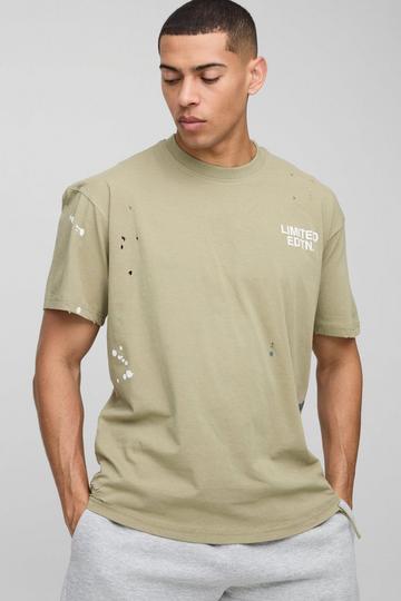 Oversized Paint Splatter Distressed Limited Edition T-Shirt khaki