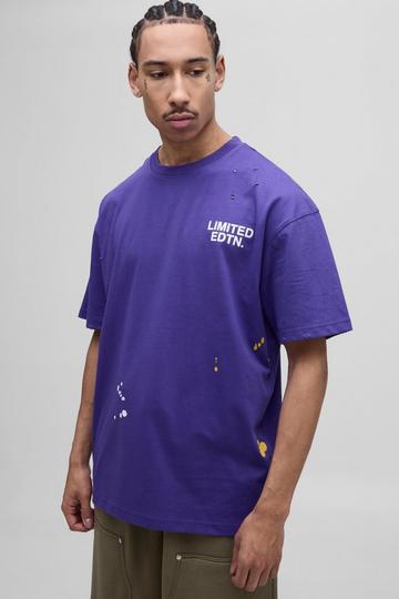 Oversized Versleten Limited Edition T-Shirt Met Verfspetters purple