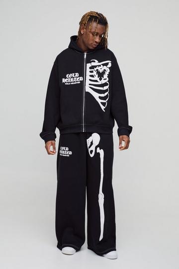 Tall Oversized Boxy Skeleton Puff Print Contrast Stitch Hooded Tracksuit black