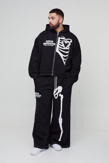 Plus Oversized Boxy Skeleton Puff Print Contrast Stitch Hooded Tracksuit black