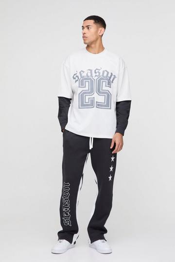 Oversized Mesh Layer Long Sleeve Varsity Printed T-Shirt grey