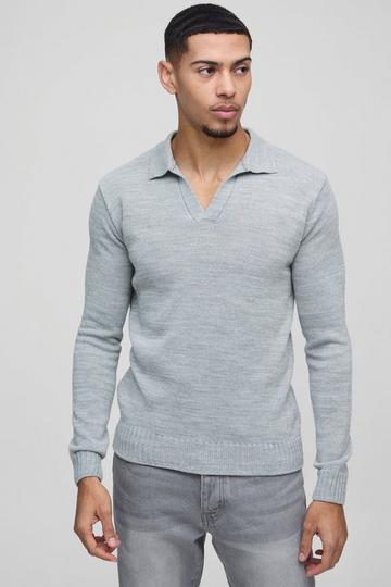 Regular Fit Knitted V-Neck Polo light grey