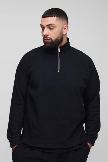 Plus Regular Fit Jacquard 1/4 Zip Raglan Sweater black