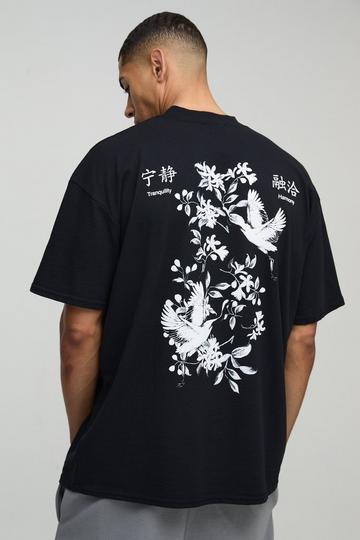 Oversized Bloemen Vogel T-Shirt Met Print En Brede Nek black