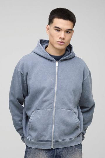 Oversized Boxy Zip Through Denim Wash Hoodie grey