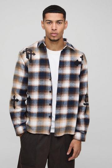 Oversized Cross Applique Bleached Check Shirt navy