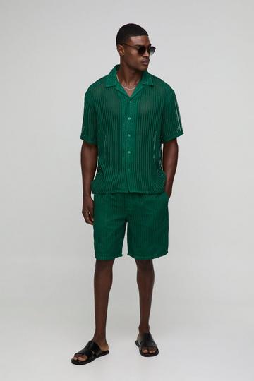 Green Oversized Dropped Revere Open Weave Shirt & Short Set