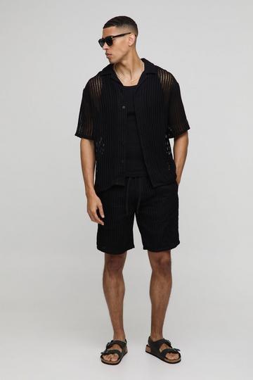 Black Oversized Dropped Revere Open Weave Shirt & Short Set