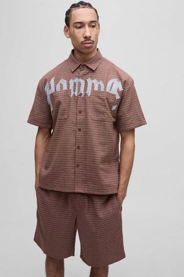 Oversized Half Sleeve Homme Applique Check Shirt & Short Set chocolate