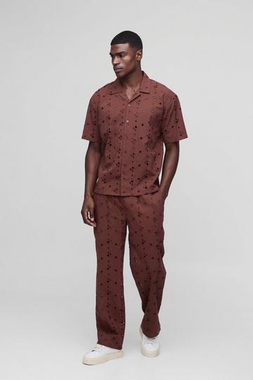 Oversized Broderie Shirt & Trouser Set chocolate