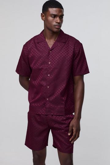 Oversized Revere Satin Checkerboard Shirt & Relaxed Short Set red
