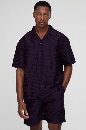 Oversized Waffle Texture Revere Shirt & Relaxed Short Set purple