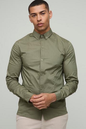 Slim Fit Basic Long Sleeve Collared Shirt khaki