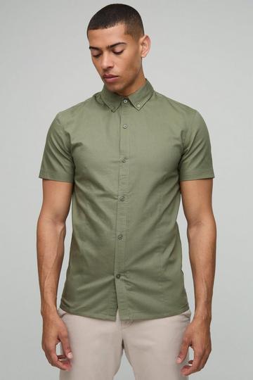 Slim Fit Button Down Collar Oxford Short Sleeve Shirt khaki
