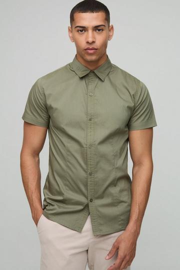 Basic Stretch Overhemd Met Korte Mouwen En Kraag khaki
