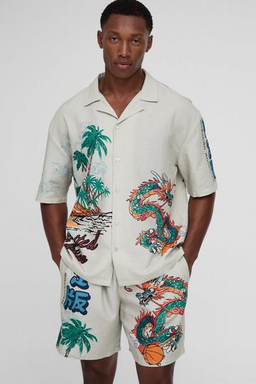 Oversized Dragon Print Linen Look Shirt & Short Set stone