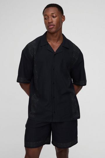 Oversized Linen Look Border Print Shirt & Short Set black