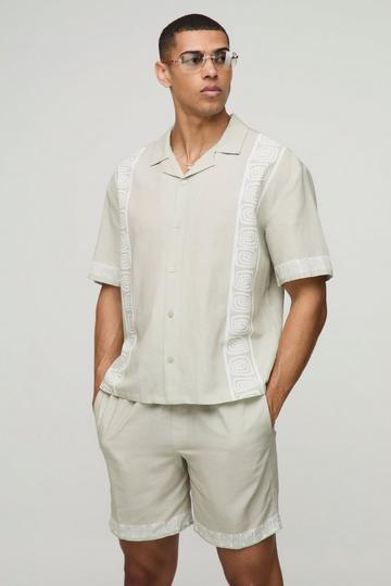 Oversized Linen Look Border Print Shirt & Short Set stone