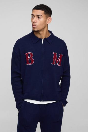 BM Oversized Boucle Knitted Harrington Jacket navy