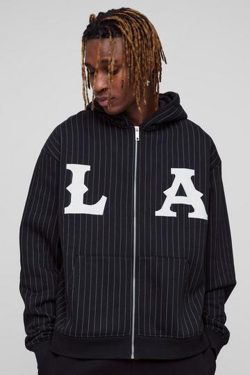 Tall Oversized Boxy Zip Thru LA Applique Stripe Hoodie black