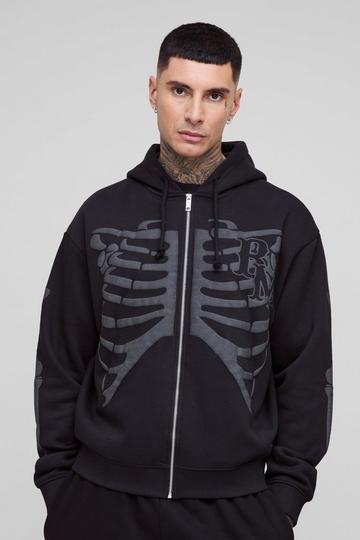 Tall Oversized Boxy Zip Thru Skeleton Print Hoodie black