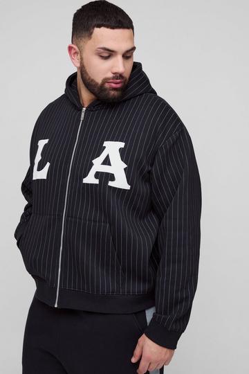 Plus Oversized Boxy Zip Thru LA Applique Stripe Hoodie black