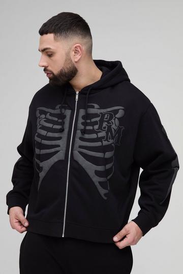 Plus Oversized Boxy Zip Thru skeleton Print Hoodie black