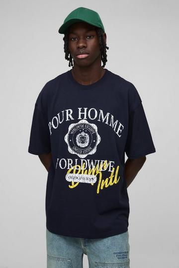 Navy Oversized Homme Varsity Crest Printed T-Shirt