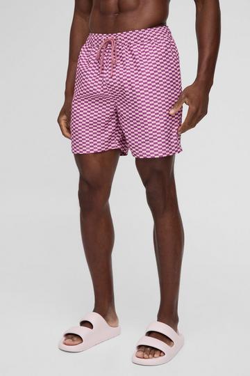 Pink Mid Length Checkerboard Swim Short