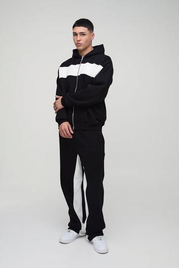 Oversized Man Colour Block Zip Hooded Tracksuit black