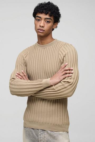 Stone Beige Muscle Fit Ribbed Long Sleeve Jumper