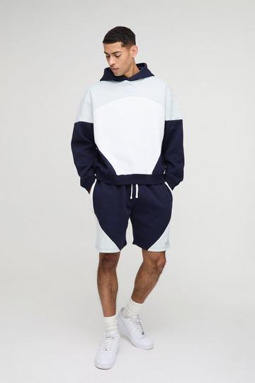 Blue Oversized Boxy Man Colour Block Short Tracksuit