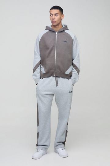 Oversized Boxy Man Colour Block Zip Hooded Tracksuit grey marl