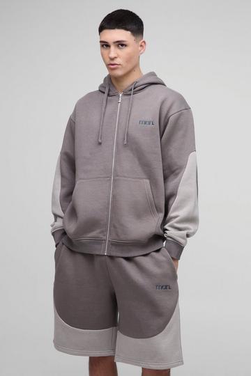 Oversized Man Colour Block Short Zip Hooded Tracksuit grey