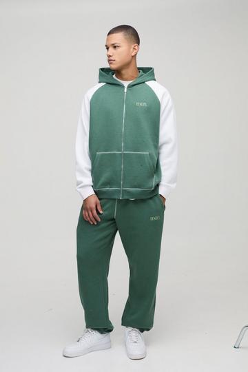 Oversized Man Colour Block Zip Hooded Tracksuit green