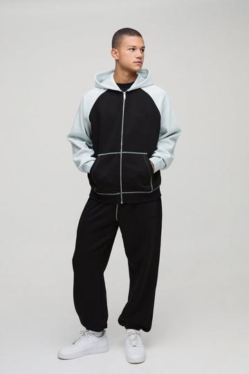 Oversized Man Colour Block Zip Hooded Tracksuit black