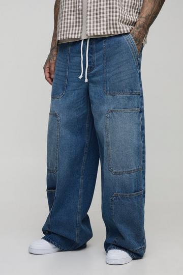 Tall Super Baggy Cargo Jeans Met Contrasterende Stiksels En Elastische Taille mid wash