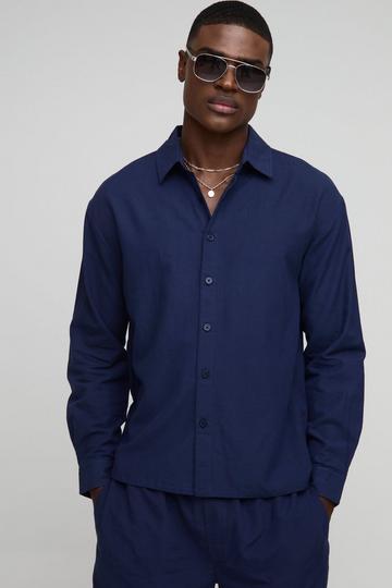 Navy Oversized Long Sleeve Collared Linen Blend Shirt