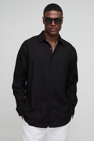 Black Super Oversized Long Sleeve Collared Linen Shirt