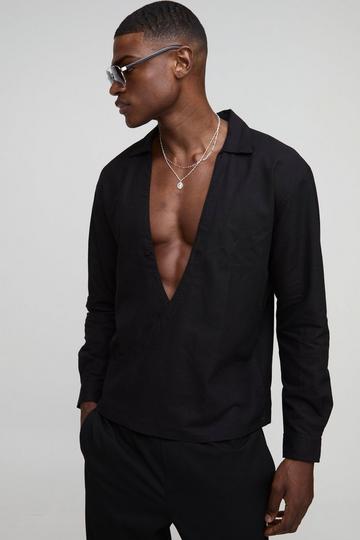 Oversized Wrap Front Long Sleeve Linen Shirt black