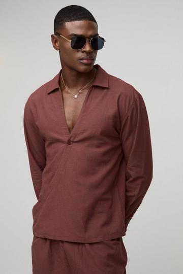 Oversized Wrap Front Long Sleeve Linen Shirt chocolate