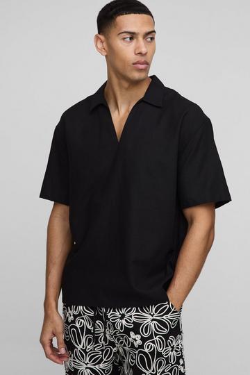 Oversized V-Neck Overhead Linen Shirt black