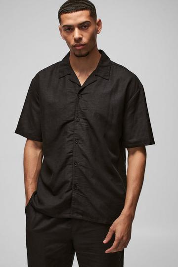 Black Oversized Revere Linen Short Sleeve Shirt