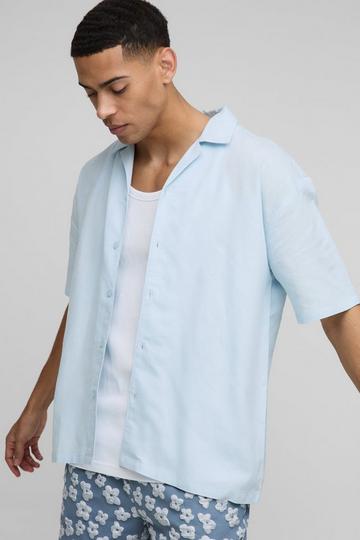 Blue Oversized Revere Linen Blend Short Sleeve Shirt