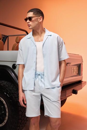 Oversized Linnen Overhemd Met Revers Kraag En Shorts Set light blue