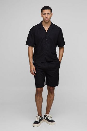 Black Oversized Boxy Revere Linen Shirt & Short Set