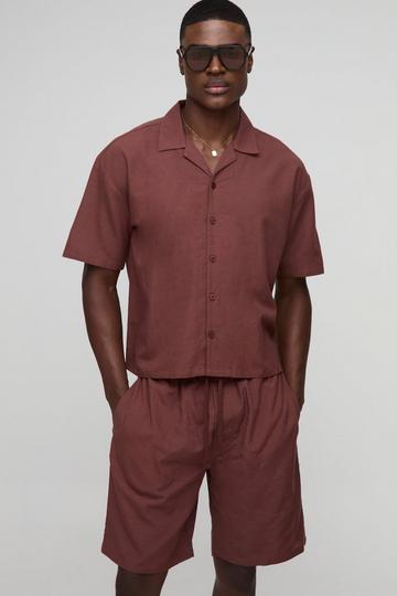 Oversized Boxy Revere Linen Shirt & Short Set chocolate