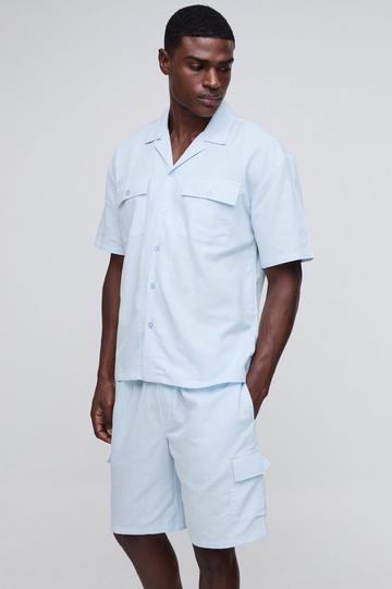 Blue Oversized Linen Blend Cargo Pocket Shirt & Short Set