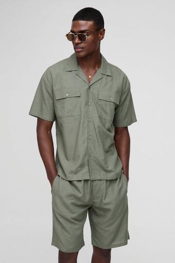 Oversized Linen Blend Look Cargo Pocket Shirt & Short Set olive